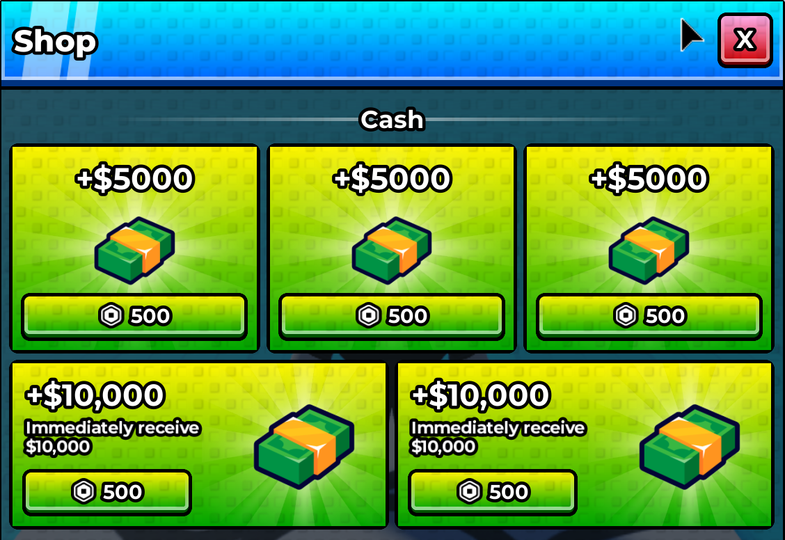 Roblox shop GUI design with bright cash cards and purchase buttons